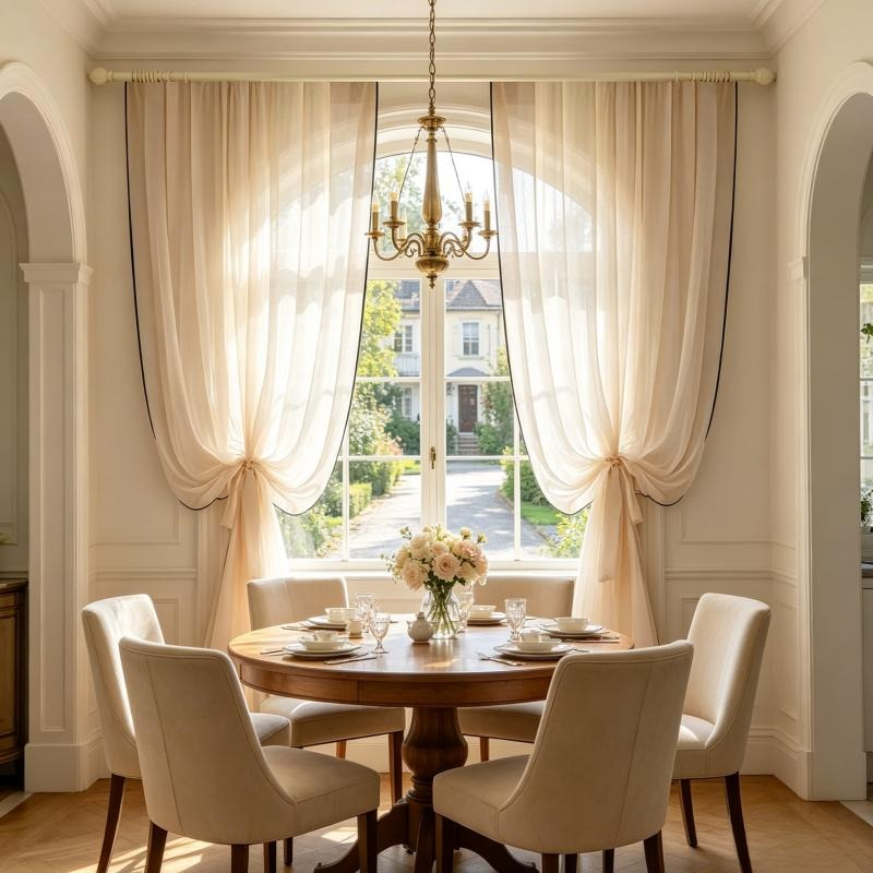 Home Fragrance French - ستائر شيفون كتان بحدود سوداء بنمط